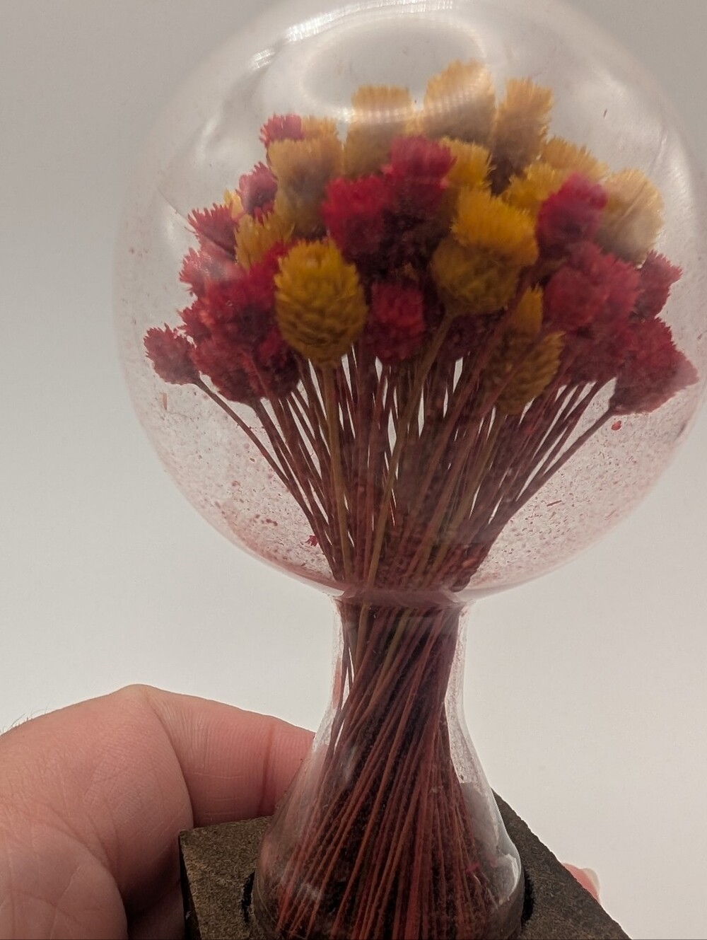 Vtg Dried Flowers Glass Wood 1970s Cottage Core Fairy Farm Country Paperweight